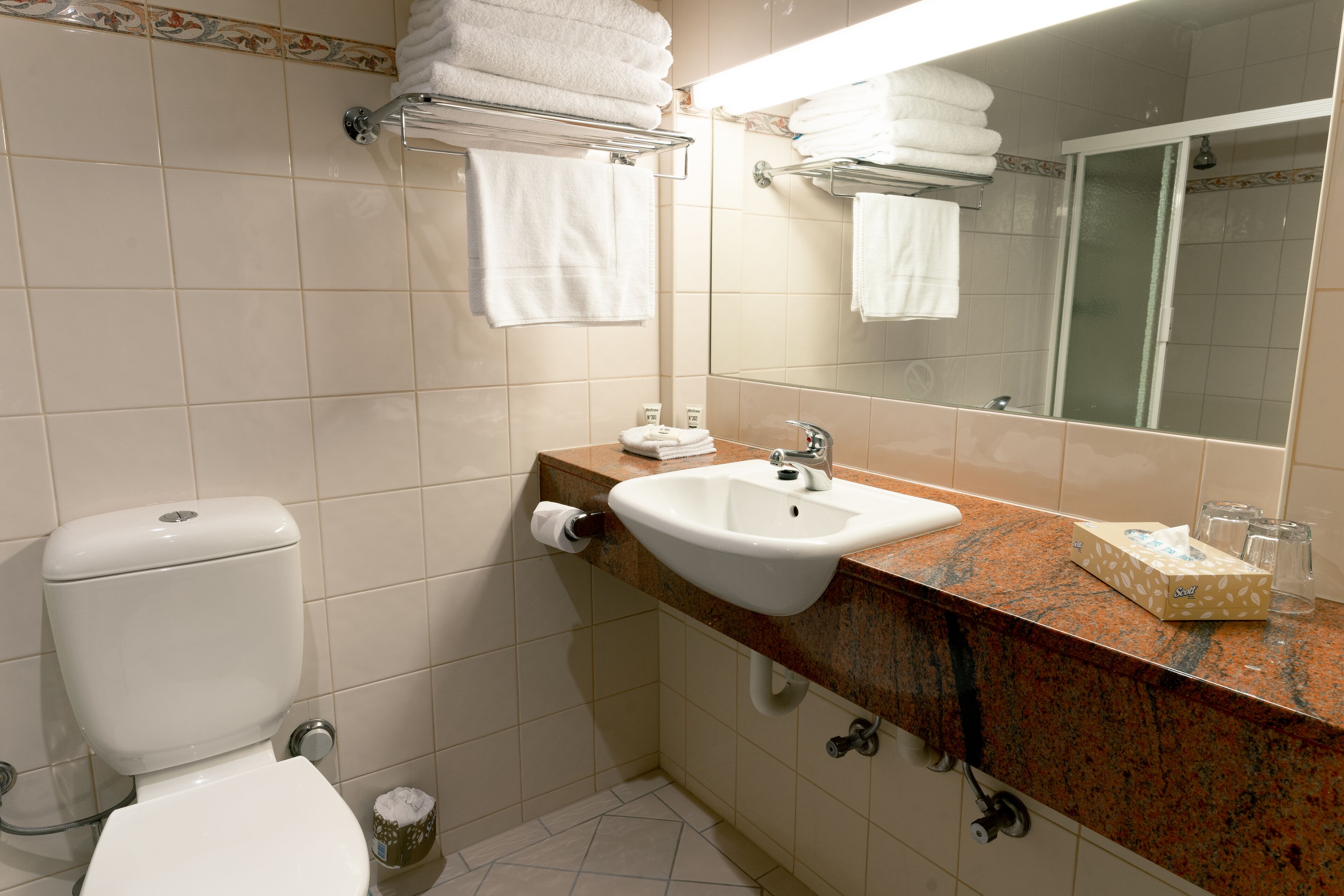 Un baño con inodoro, lavamanos y espejo. Hay toallas en la pared y una caja de pañuelos en la encimera.