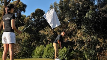A golf course with a flag, trees, and a clear sky.
