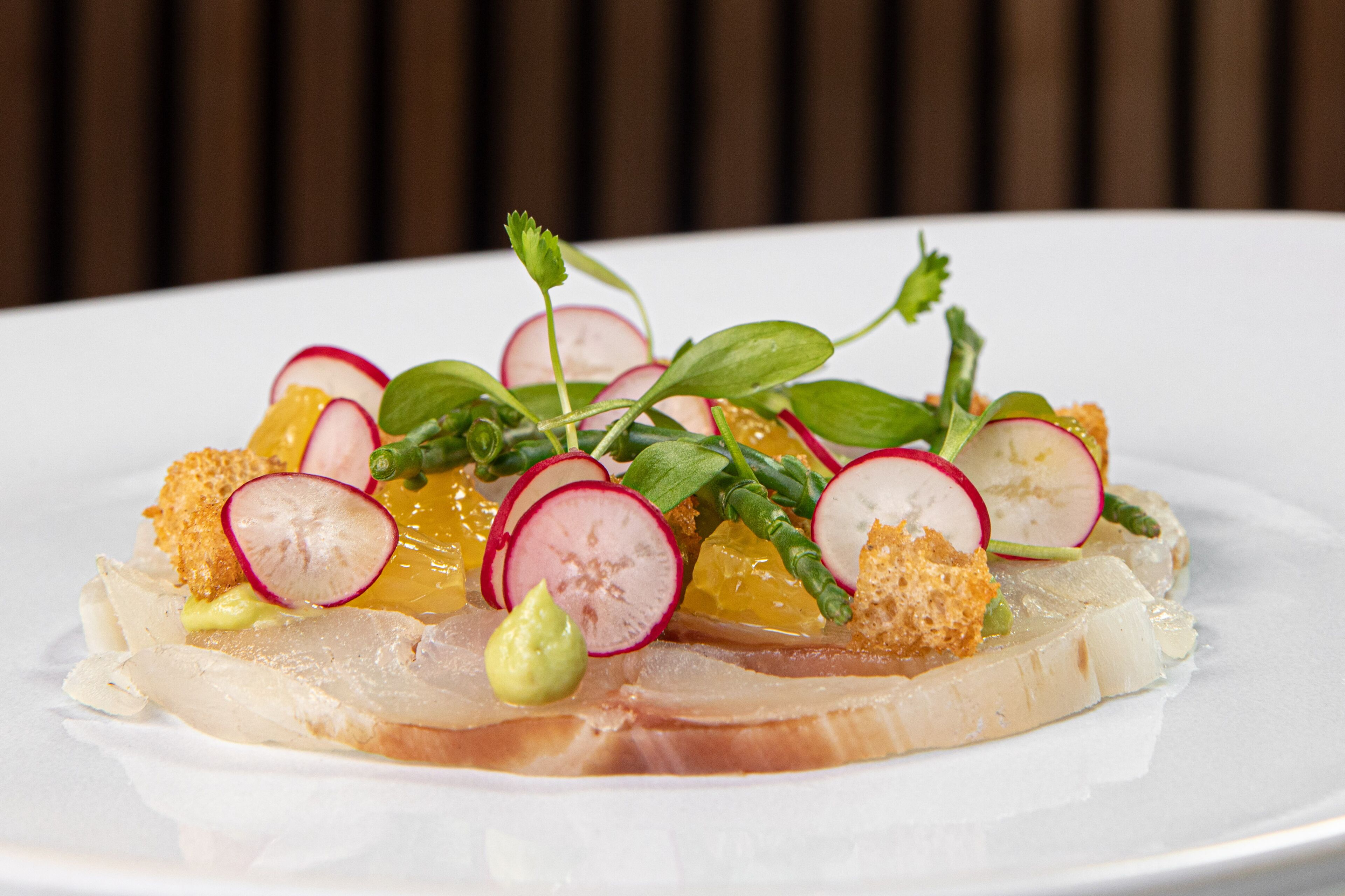 A white plate with a seafood dish, including fish, radish slices, and garnishes.