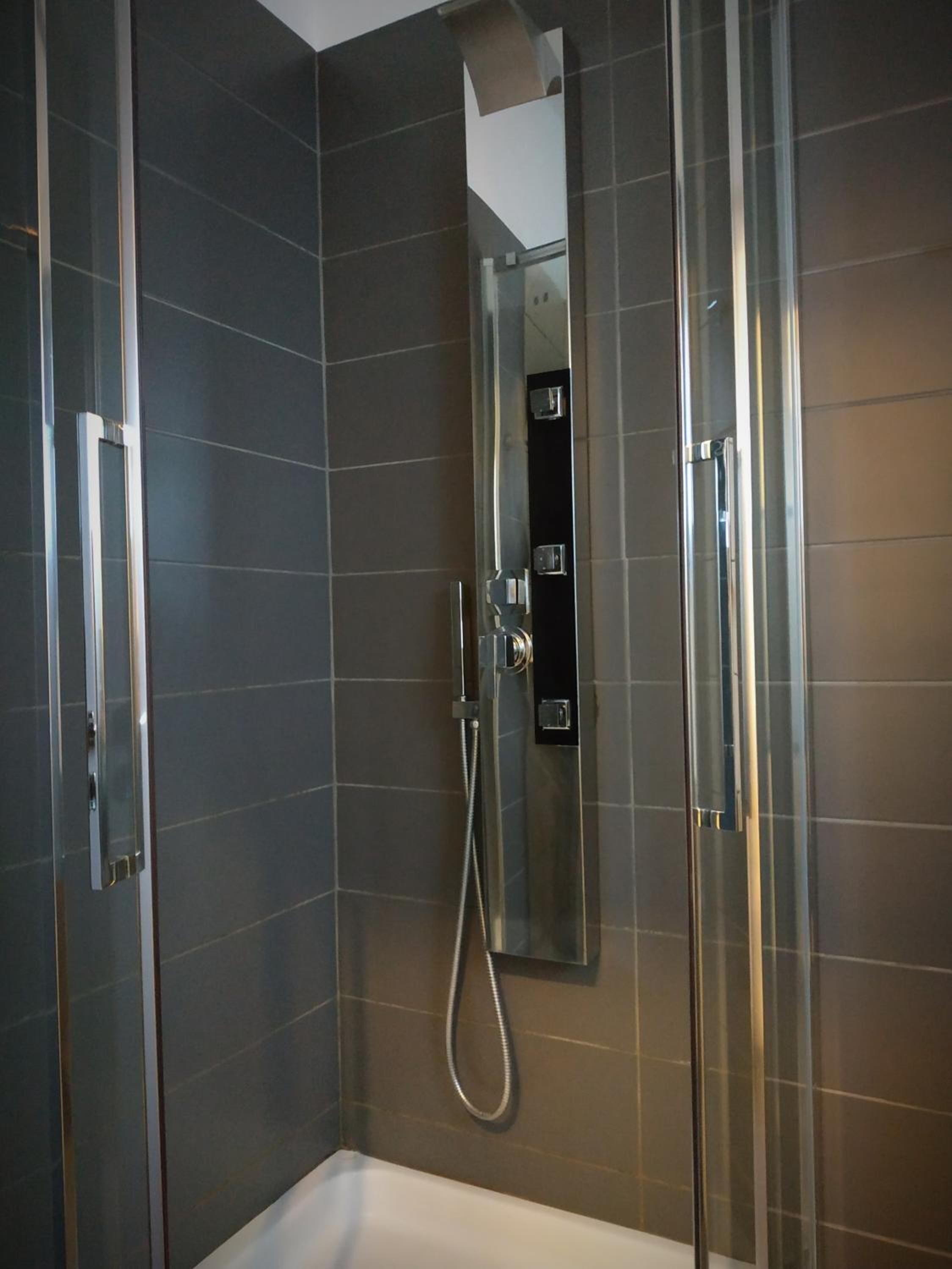shower, hydromassage showerhead, hair dryer, towels