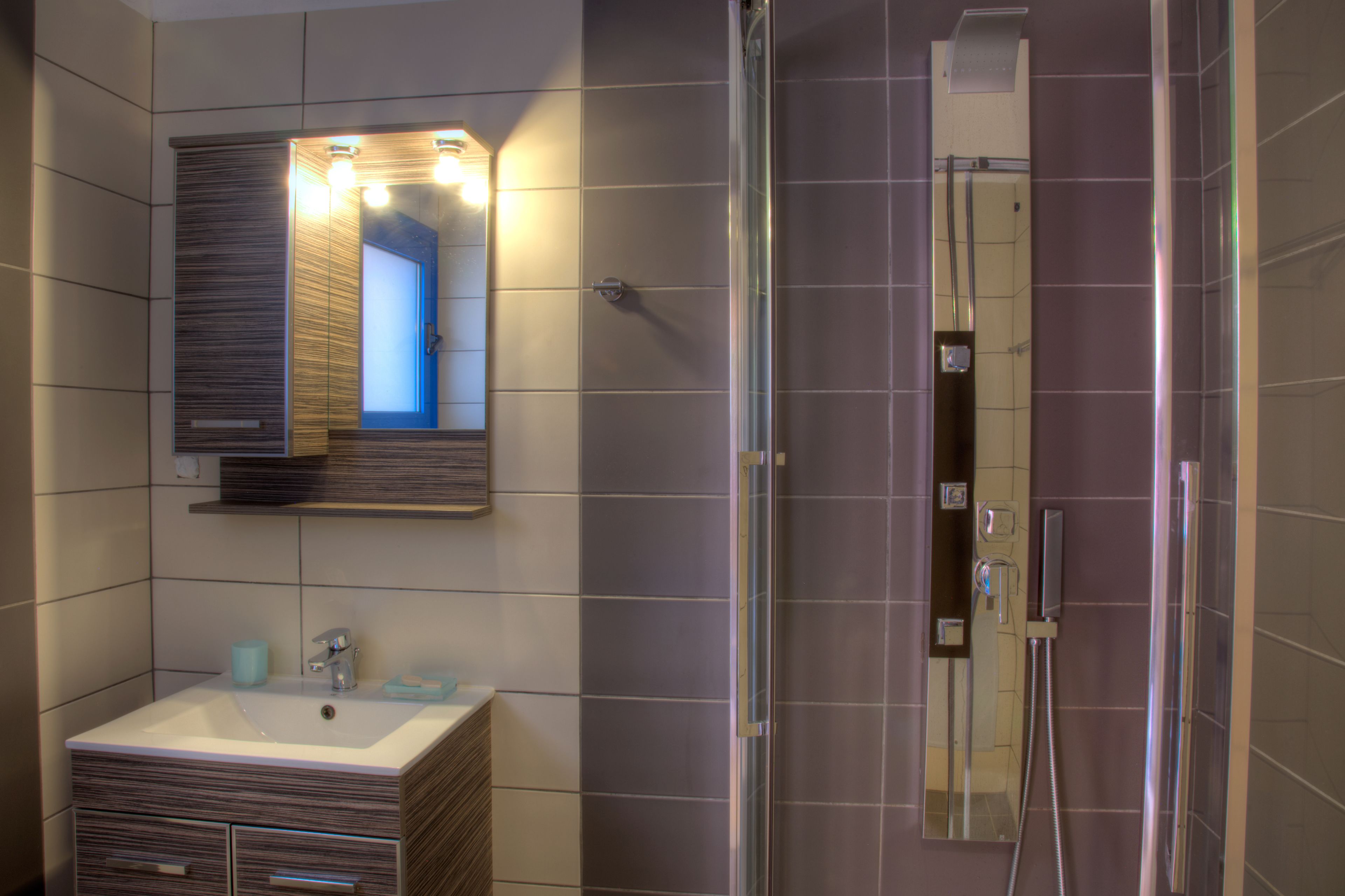 shower, hydromassage showerhead, hair dryer, towels