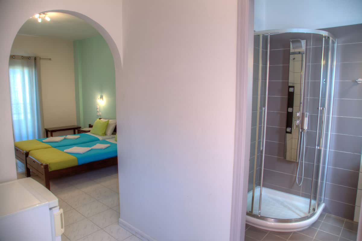 Eenvoudige Twin kamer, 2 eenpersoonsbedden | Badkamer | Een douche, een hydromassagedouche, een haardroger, handdoeken