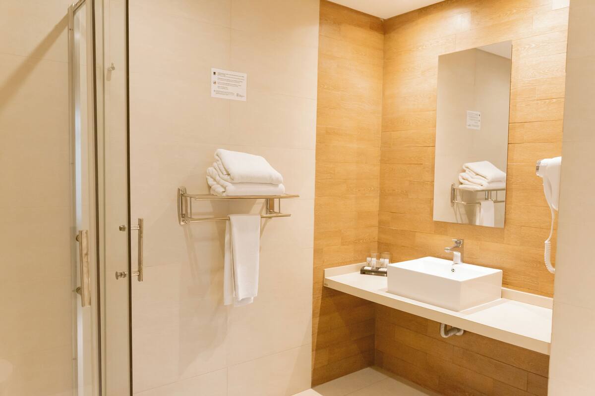 shower, rainfall showerhead, free toiletries, hair dryer