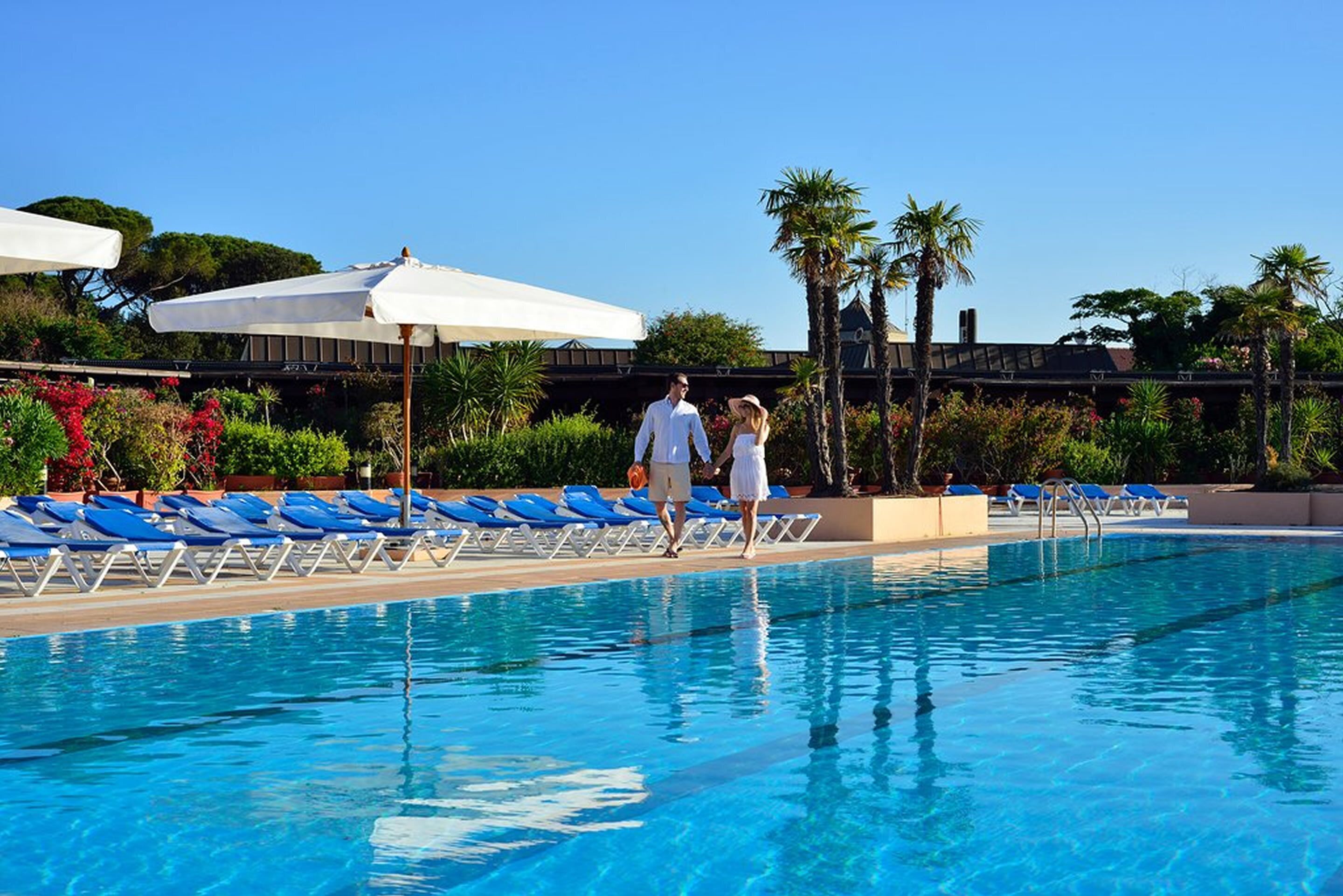Una piscina con comode poltrone blu e ombrelloni, immersa nel verde e circondata da palme.
