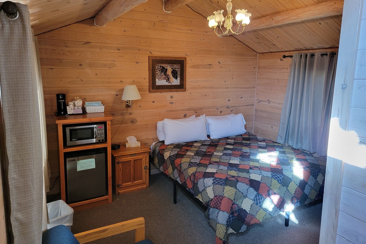A cozy cabin room with a wooden ceiling, a bed with a colorful quilt, a small desk with a lamp, a refrigerator, and a picture on the wall.