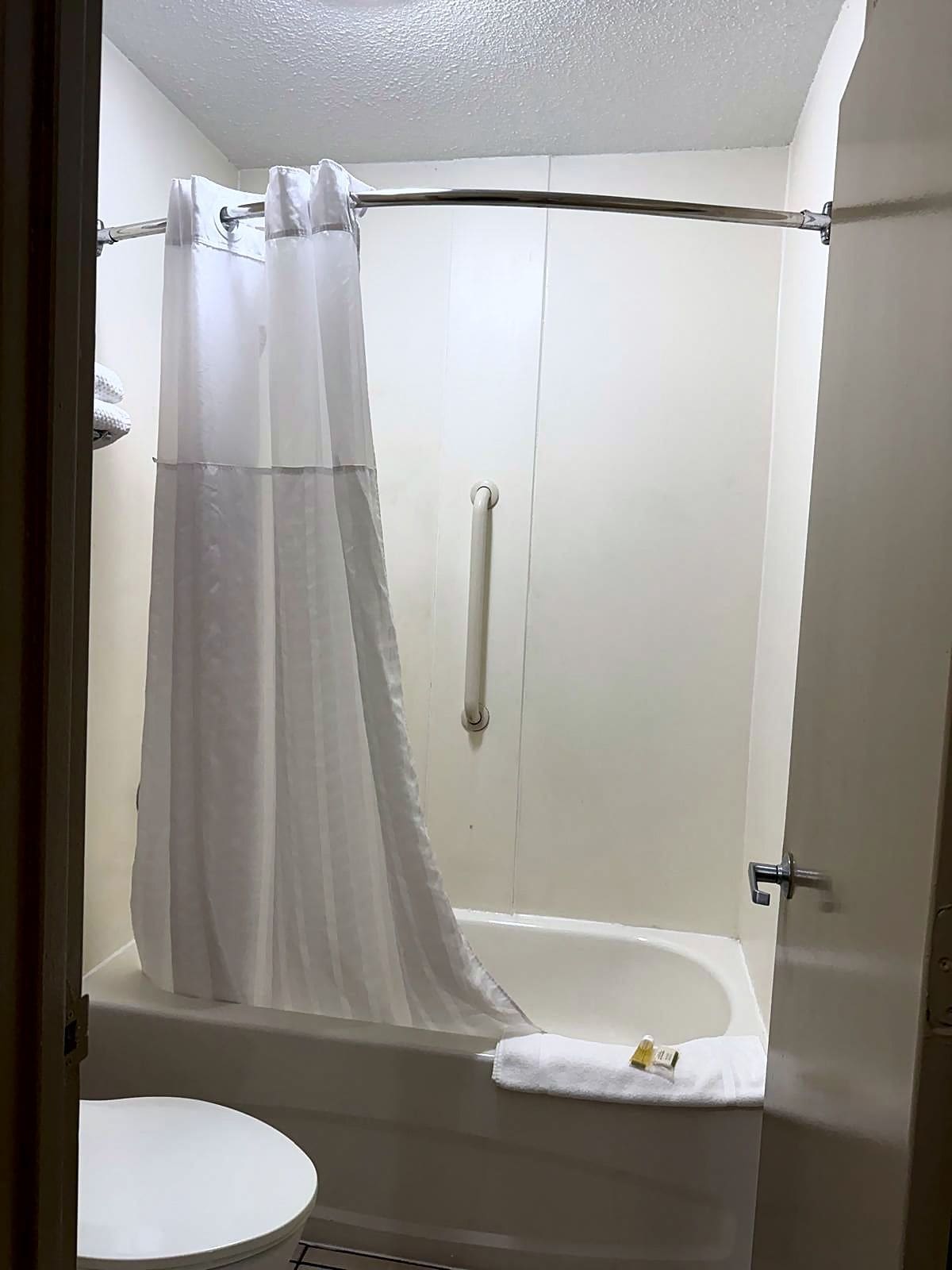 Ein Badezimmer mit einer Badewanne, einer Toilette und einer Duschvorhang.
