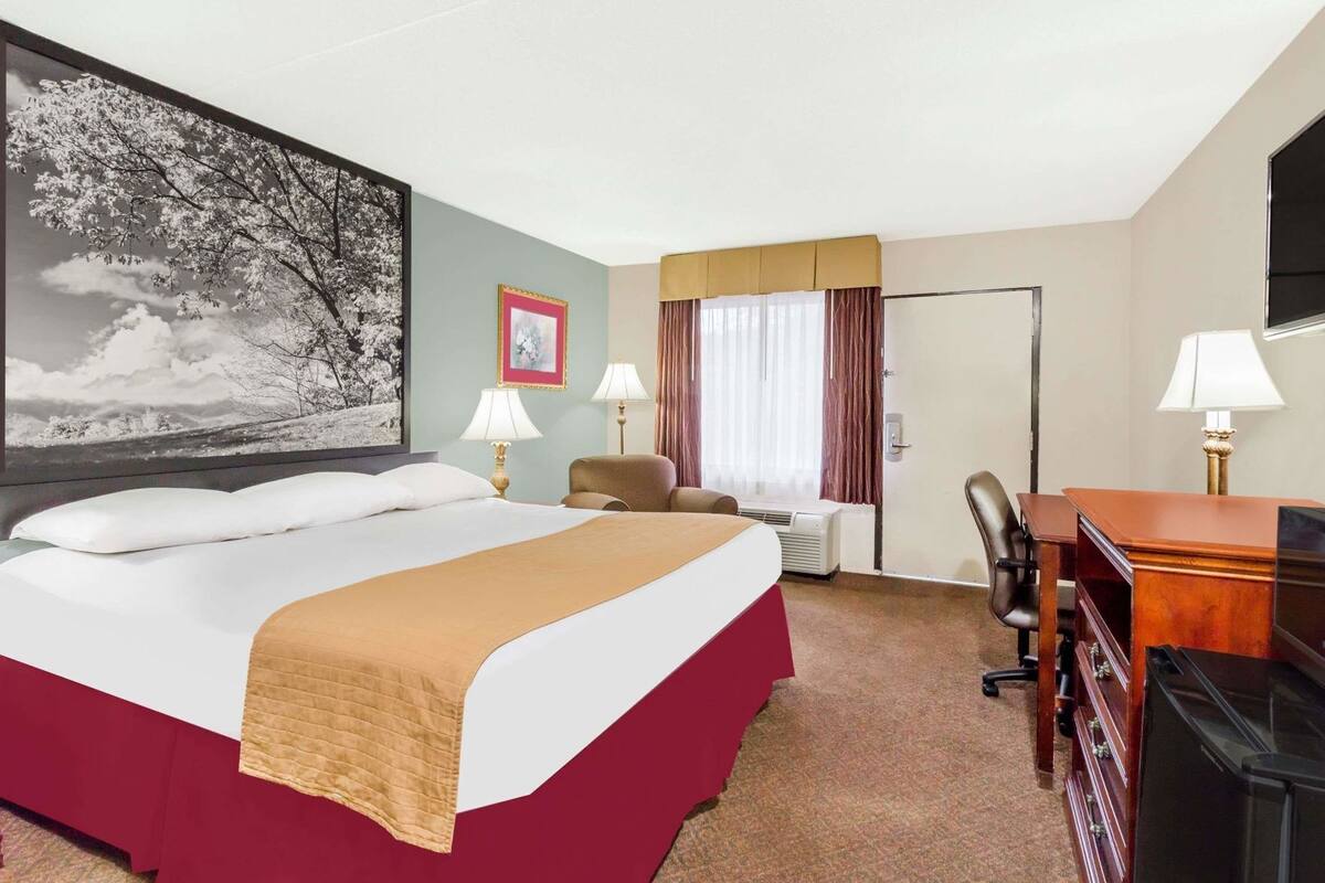 A hotel room with a large bed, two bedside lamps, a desk with a chair, a television, and a large framed picture on the wall.