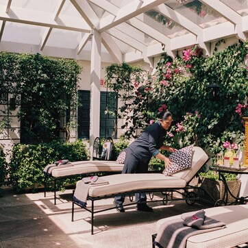 A conservatory with a glass ceiling, lush greenery, and seating arrangements.