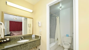 A bathroom with a granite countertop sink, a mirror, a shower, and a toilet.