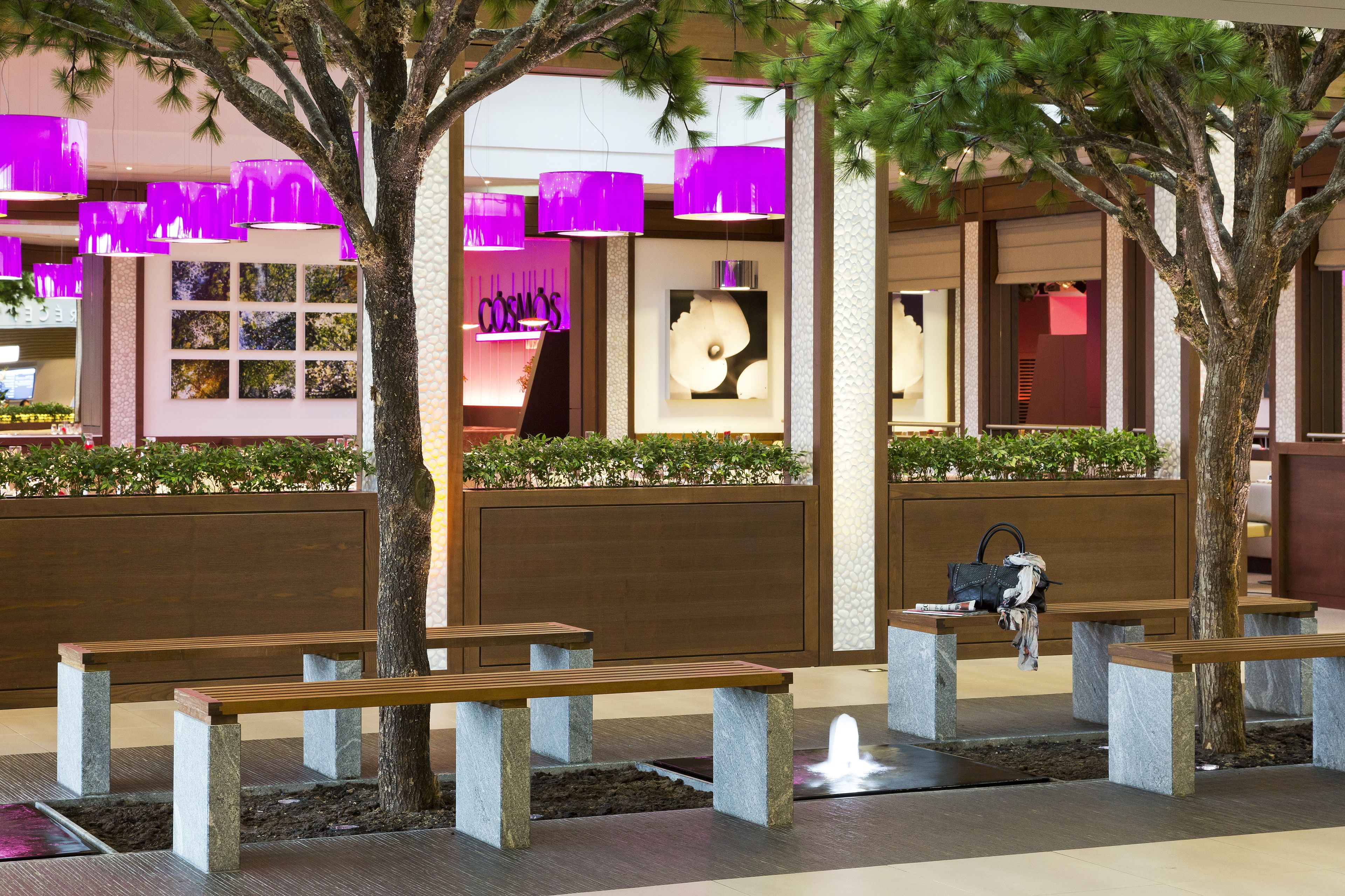 A modern outdoor seating area with benches and trees, a fountain, and a building with a 'Cosmos' sign in the background.