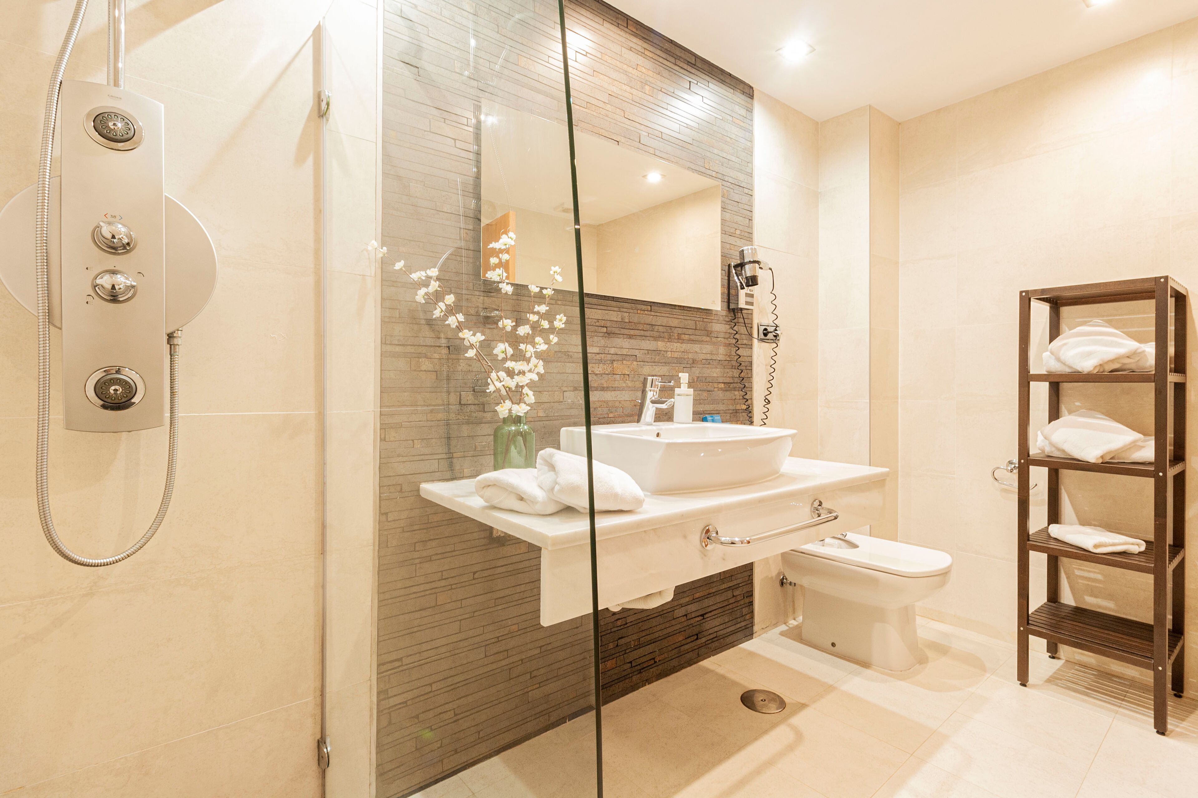 superior double room | bathroom | shower, free toiletries, hair dryer, towels