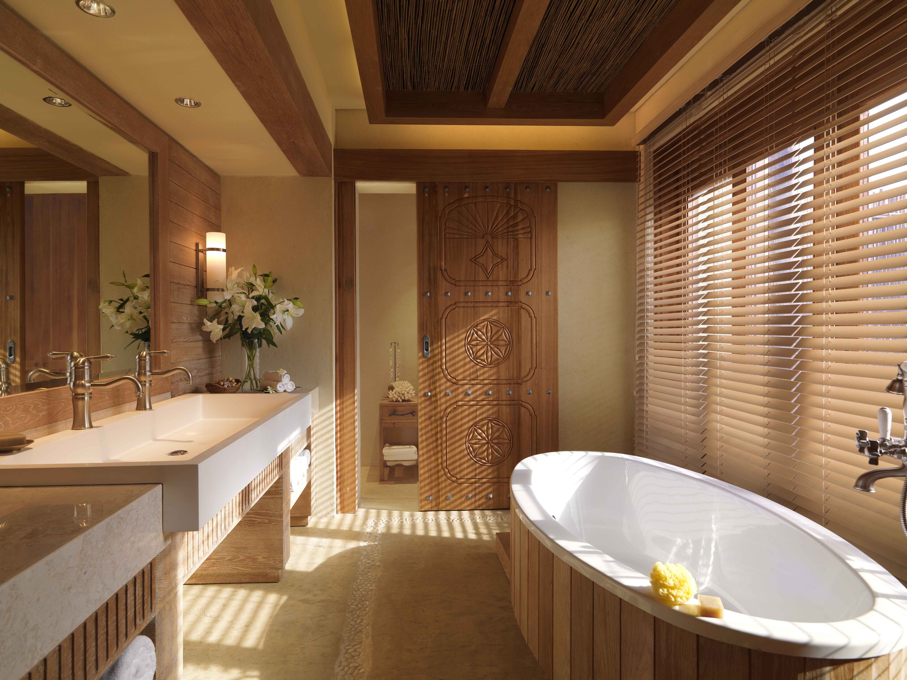 separate bathtub and shower, deep-soaking bathtub, rainfall showerhead