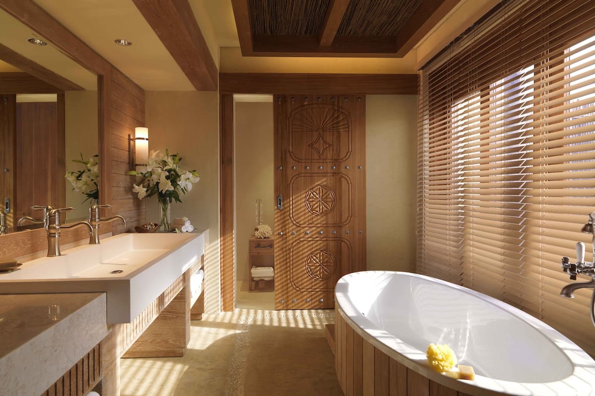 separate bathtub and shower, deep-soaking bathtub, rainfall showerhead