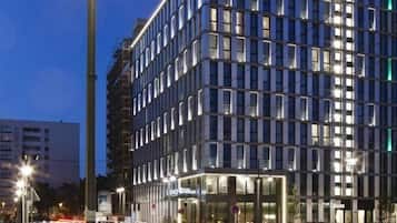 Shower, rainfall showerhead, designer toiletries, hair dryer