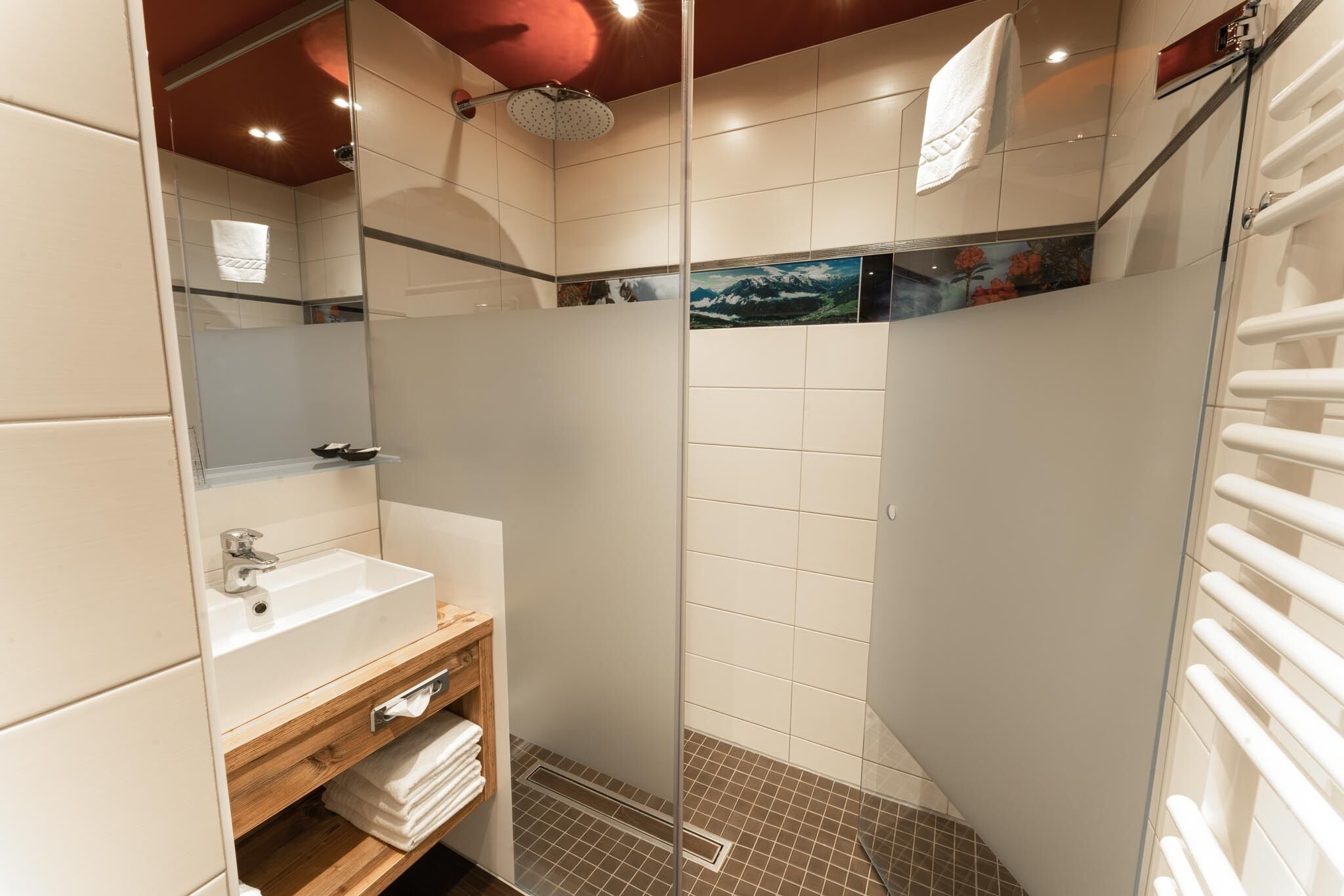 A modern bathroom with a glass shower enclosure, a sink with a mirror, and a towel rack.