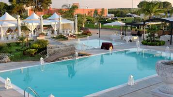 Seasonal outdoor pool, pool umbrellas, pool loungers