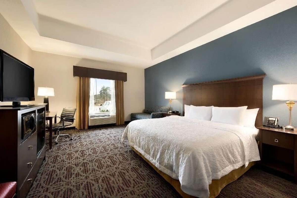 A hotel room with a large bed, a television, a desk with a lamp, and a view of the outdoors.