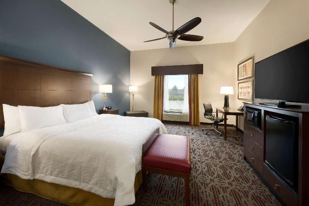 A hotel room with a bed, a desk, a television, a ceiling fan, and a view through a window.