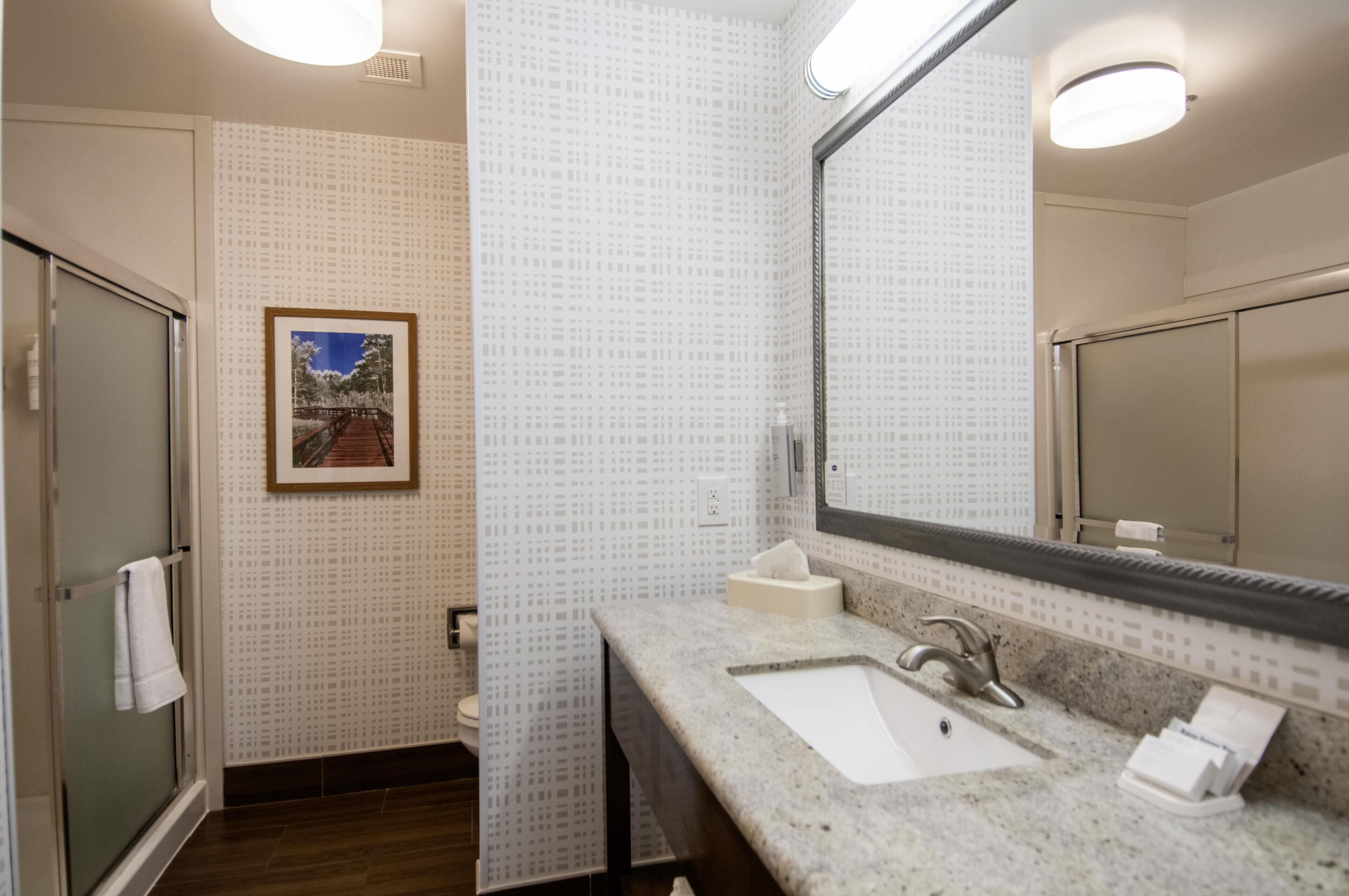 A bathroom with a sink, mirror, and framed picture on the wall.