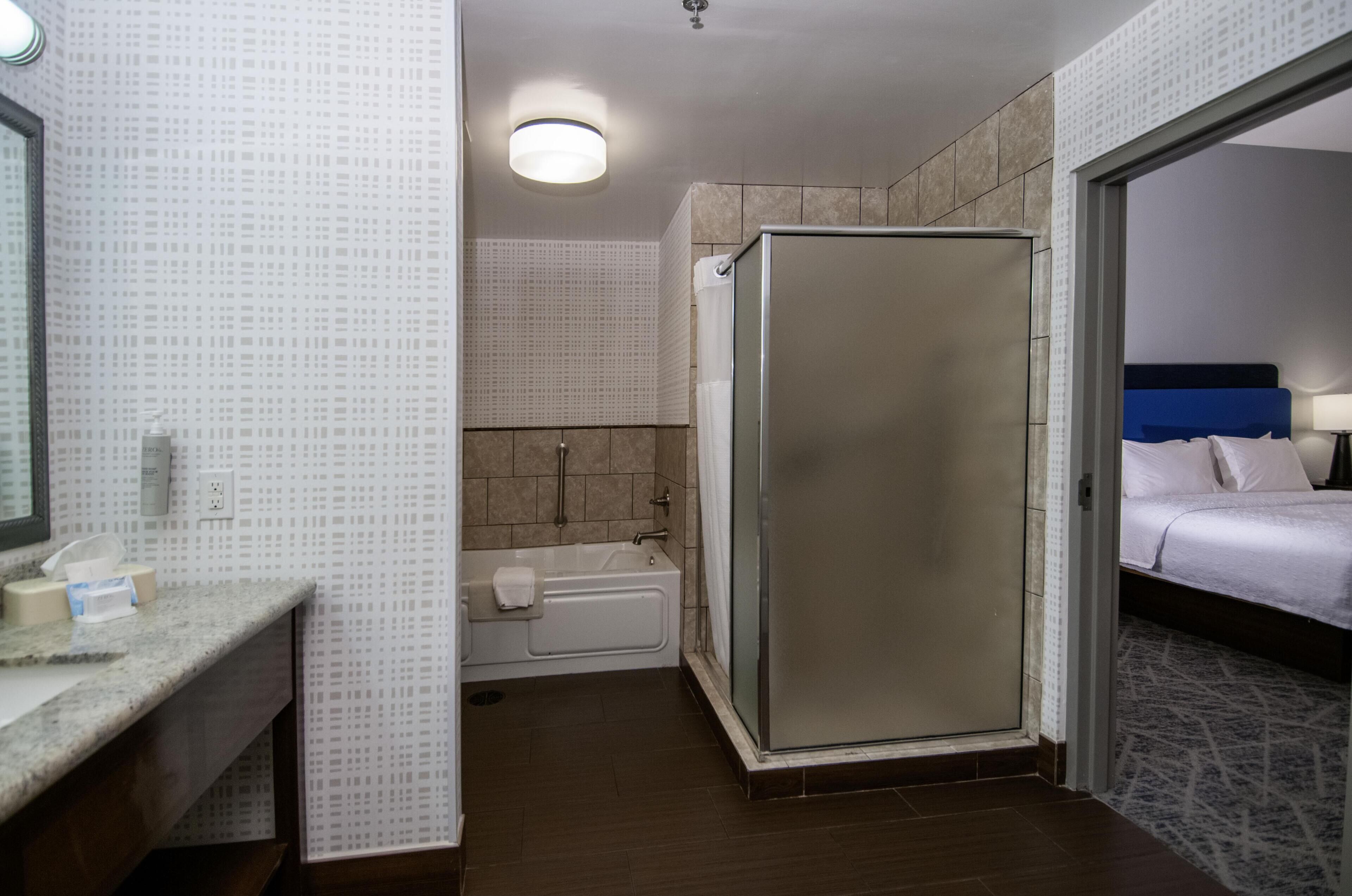 Casa de banho de hotel com chuveiro, banheira e uma cama no quarto adjacente.