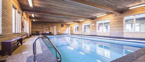 Indoor pool, open 9:00 AM to 9:00 PM, sun loungers