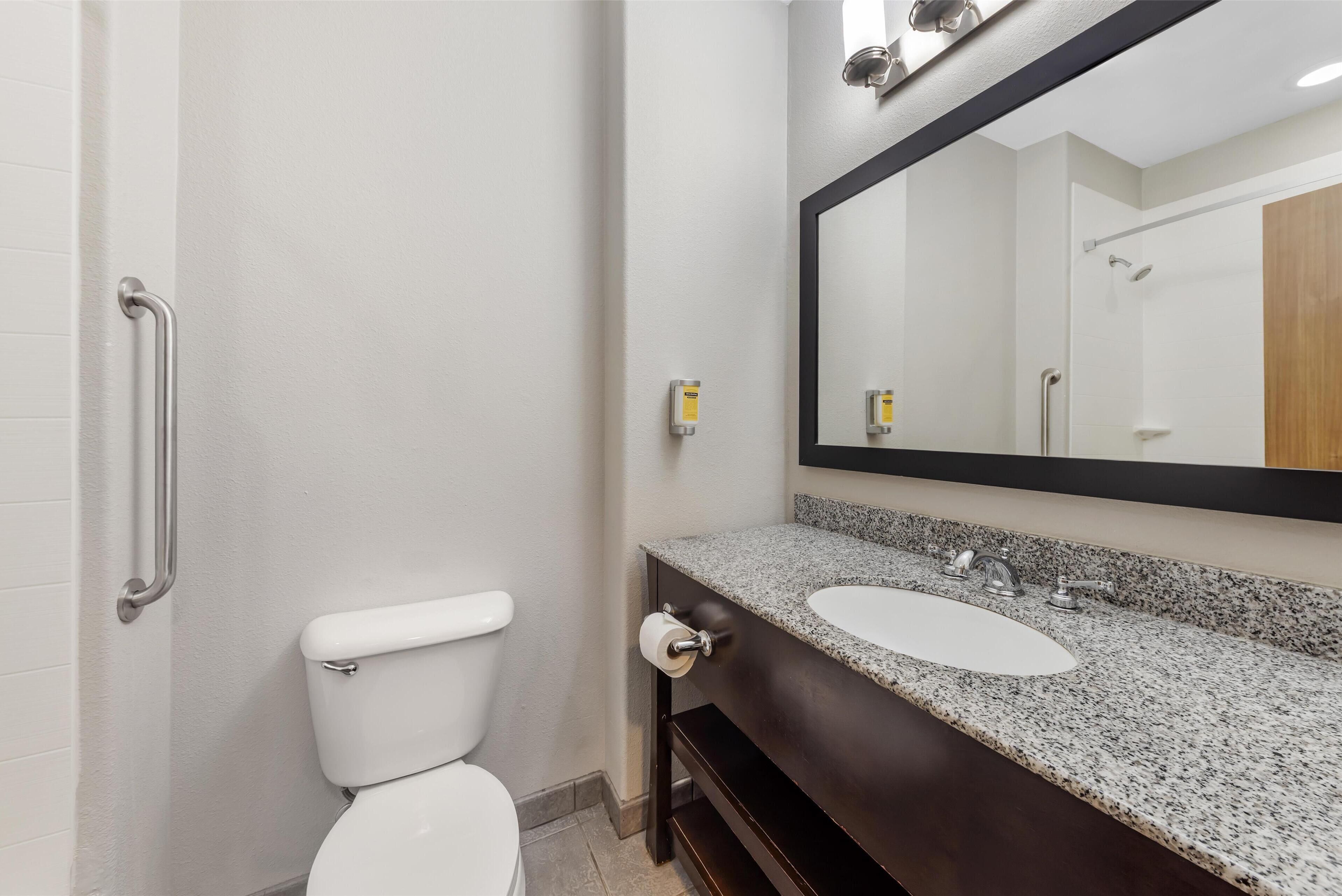 combined shower/bathtub, free toiletries, hair dryer, towels