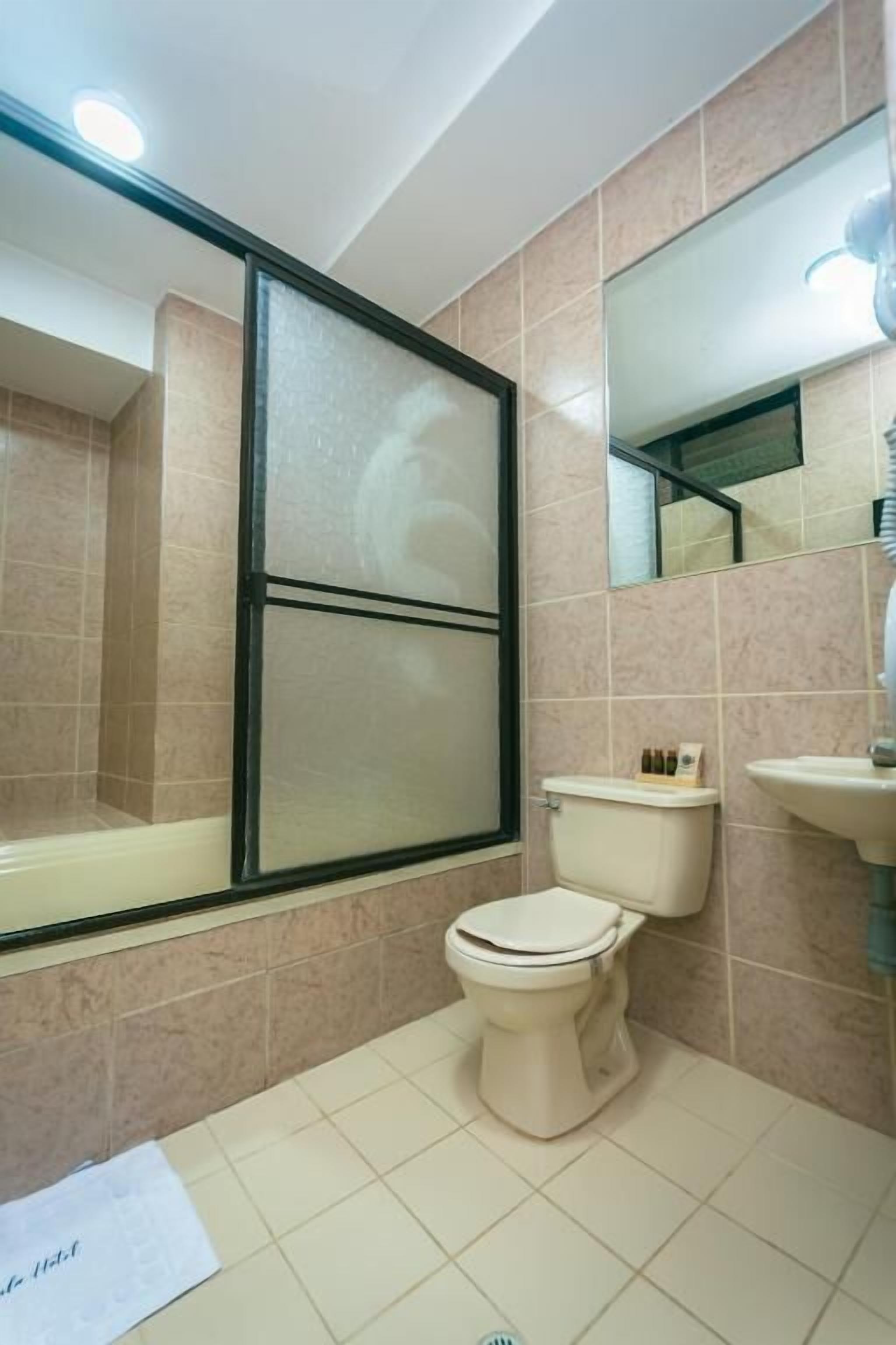 Un baño con inodoro, lavamanos, espejo y paredes con azulejos.