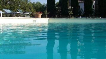 Outdoor pool, pool umbrellas, pool loungers