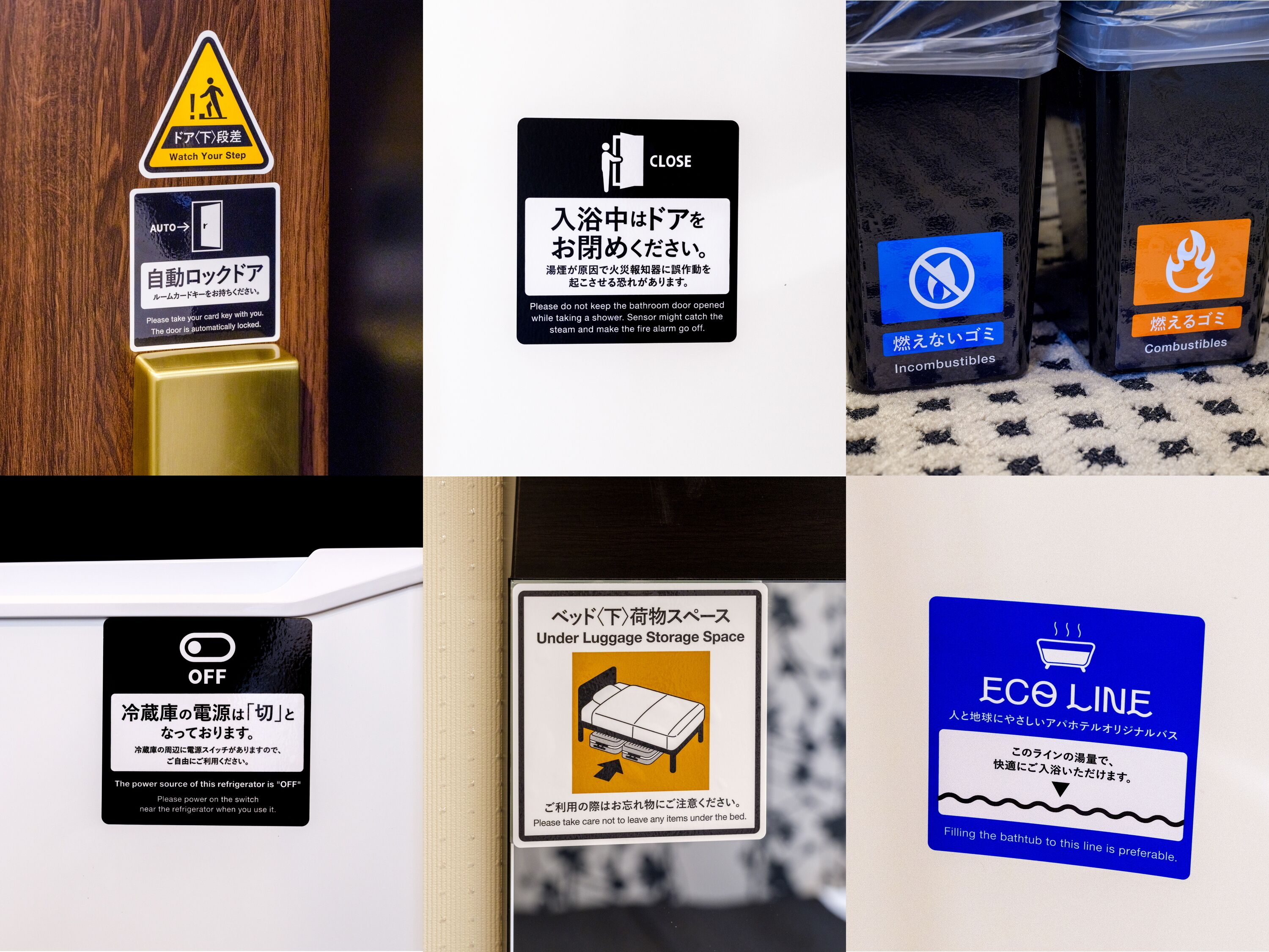 Diversas señales de seguridad e informativas en un entorno hotelero, incluyendo un aviso de 'Precaución al bajar', un letrero que indica 'Cerrado' para una puerta de baño, una señal de 'No inflamables', un letrero de 'Apagar' para un refrigerador, una señal que indica 'Espacio para guardar equipaje' y un letrero de 'Eco Line' para una bañera.