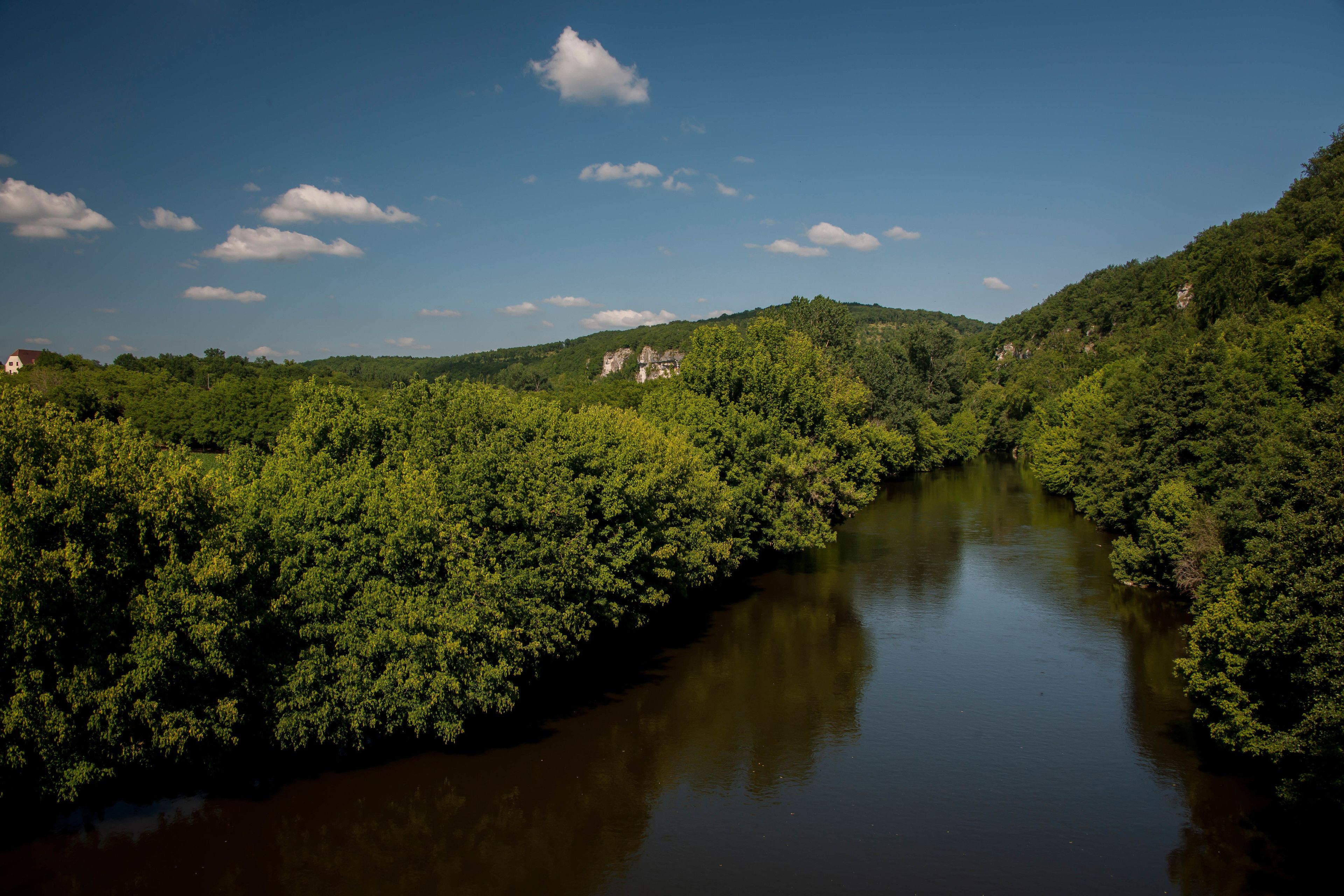 Une rivière bordée d’une végétation luxuriante et entourée de collines.