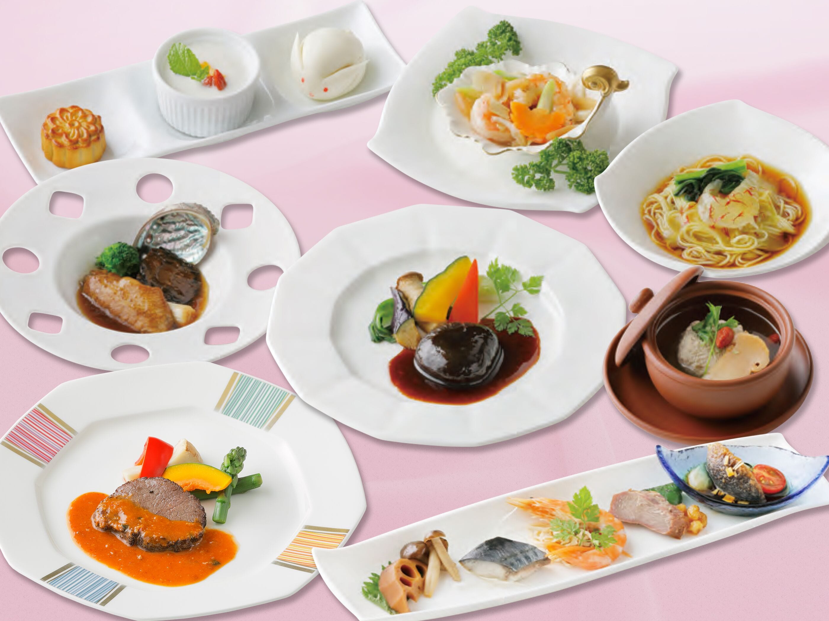 A variety of dishes on white plates with different shapes and sizes, arranged on a pink background.