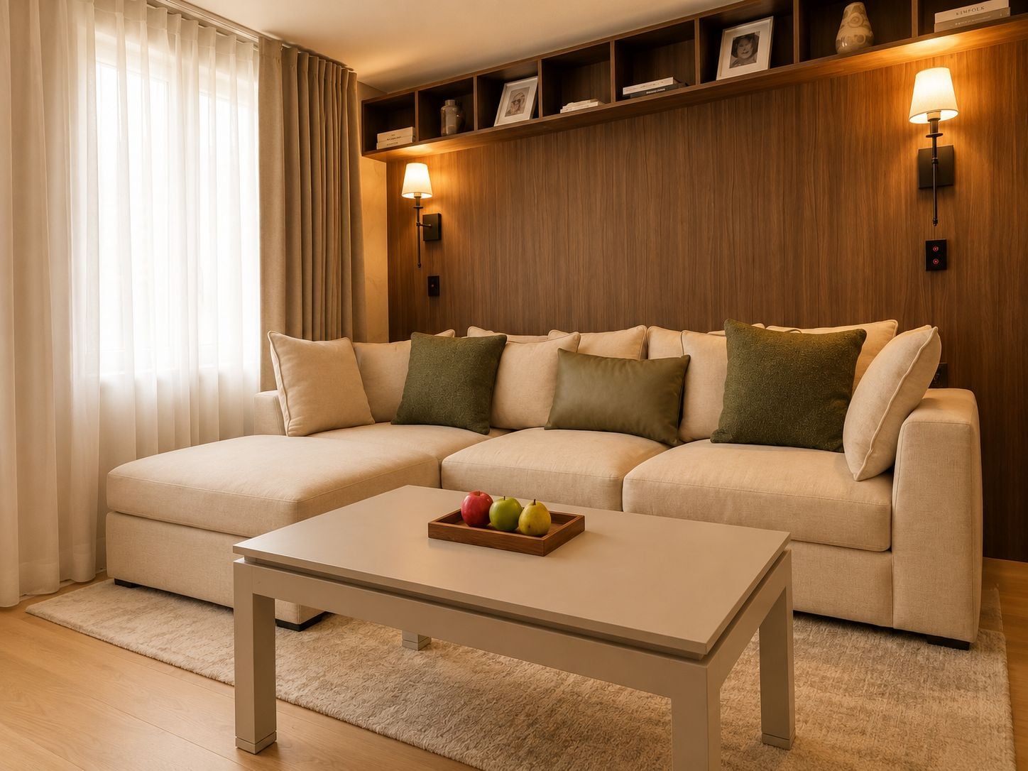 A modern living room with a beige sectional sofa, a white coffee table with fruit, and a wooden wall with built-in lighting.