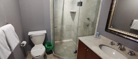 Un baño con inodoro, ducha y lavabo.
