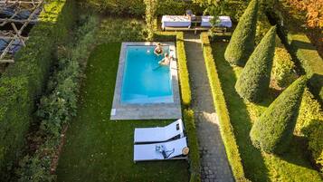 An aerial view of a swimming pool surrounded by well-manicured hedges and a stone pathway.