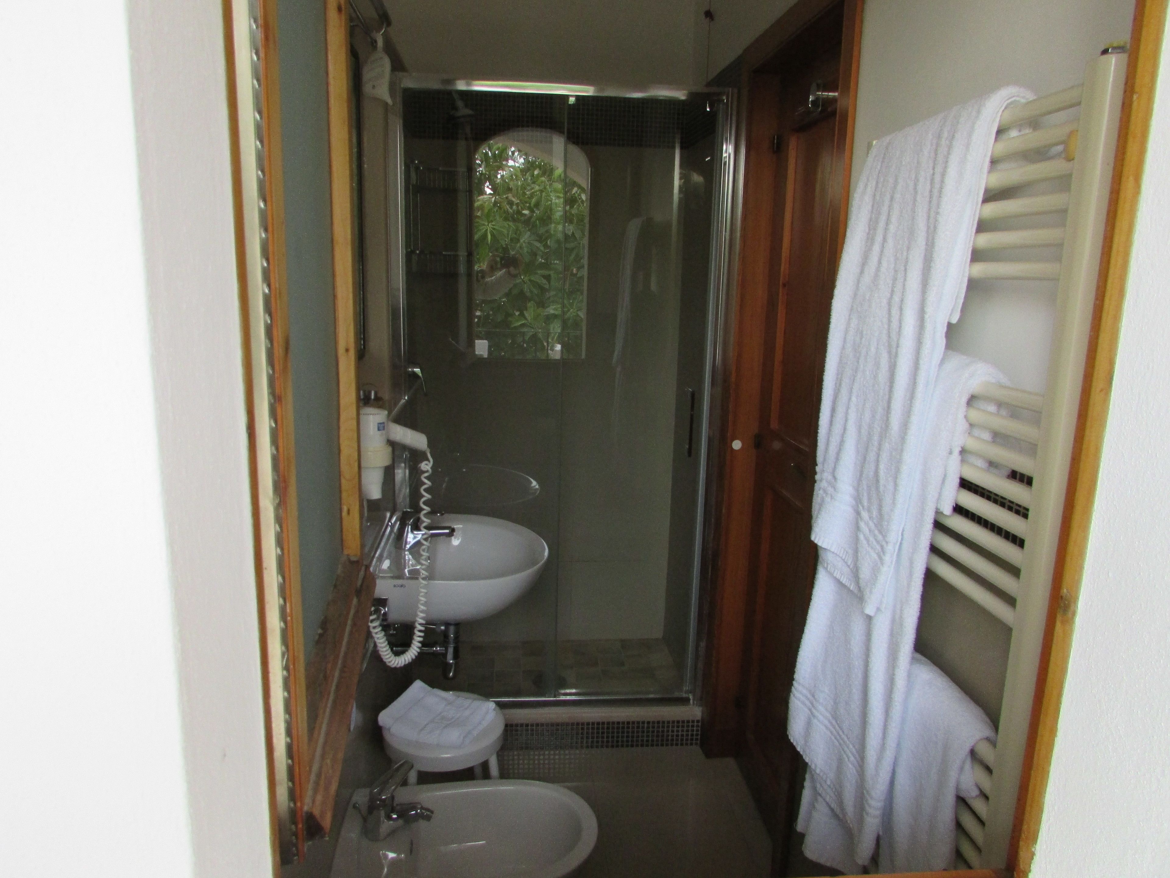 A compact bathroom with a glass-enclosed shower, a sink, and a toilet.