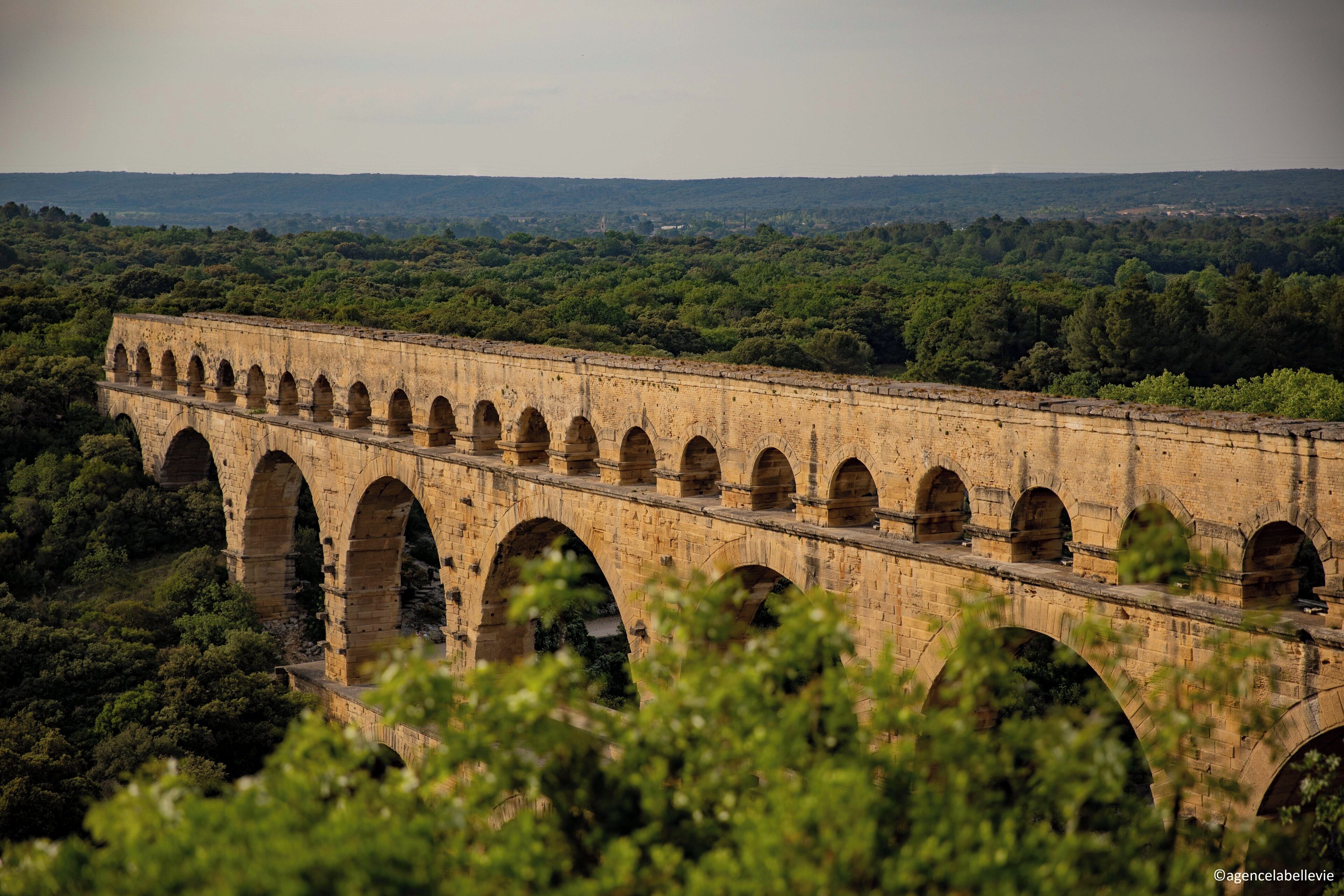 Un long pont de pierre, doté de nombreuses arches, enjambe une vallée verdoyante.