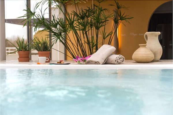Indoor pool, open 9:00 AM to 9:00 PM, sun loungers