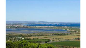 A coastal landscape with a clear sky, a body of water, and distant buildings.