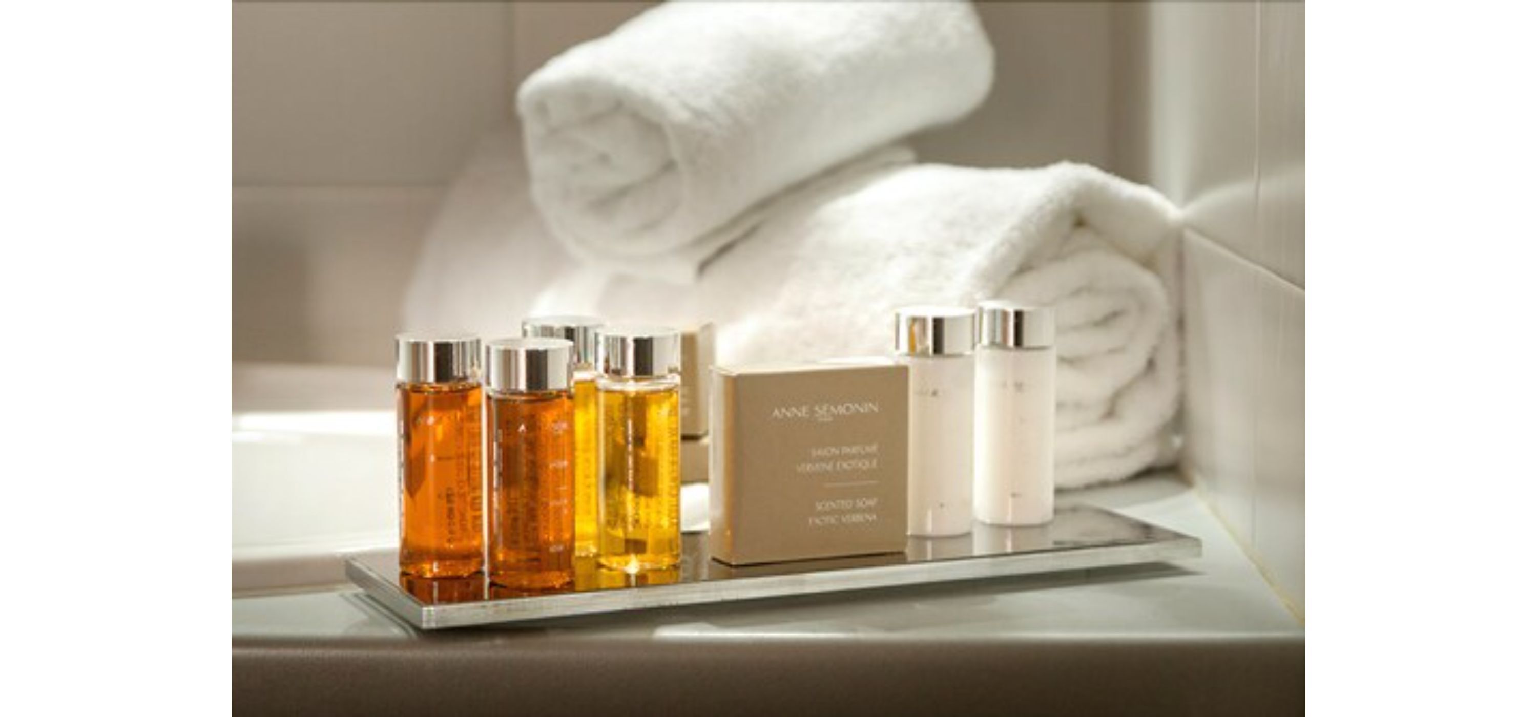 A bathroom with toiletries on a tray, including bottles and a box labeled "ANNE SEMOINN".