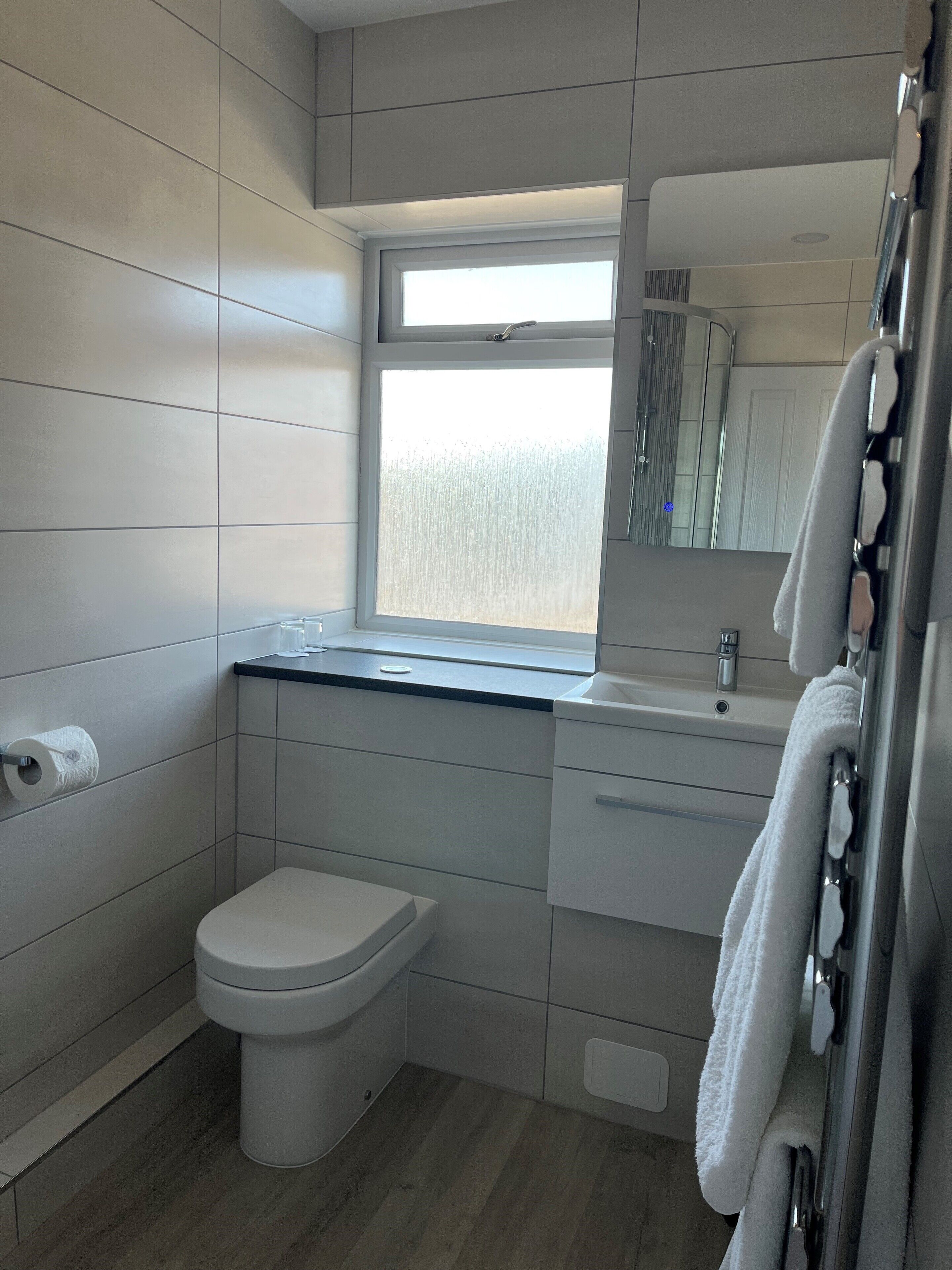 A modern bathroom with a toilet, sink, and mirror.