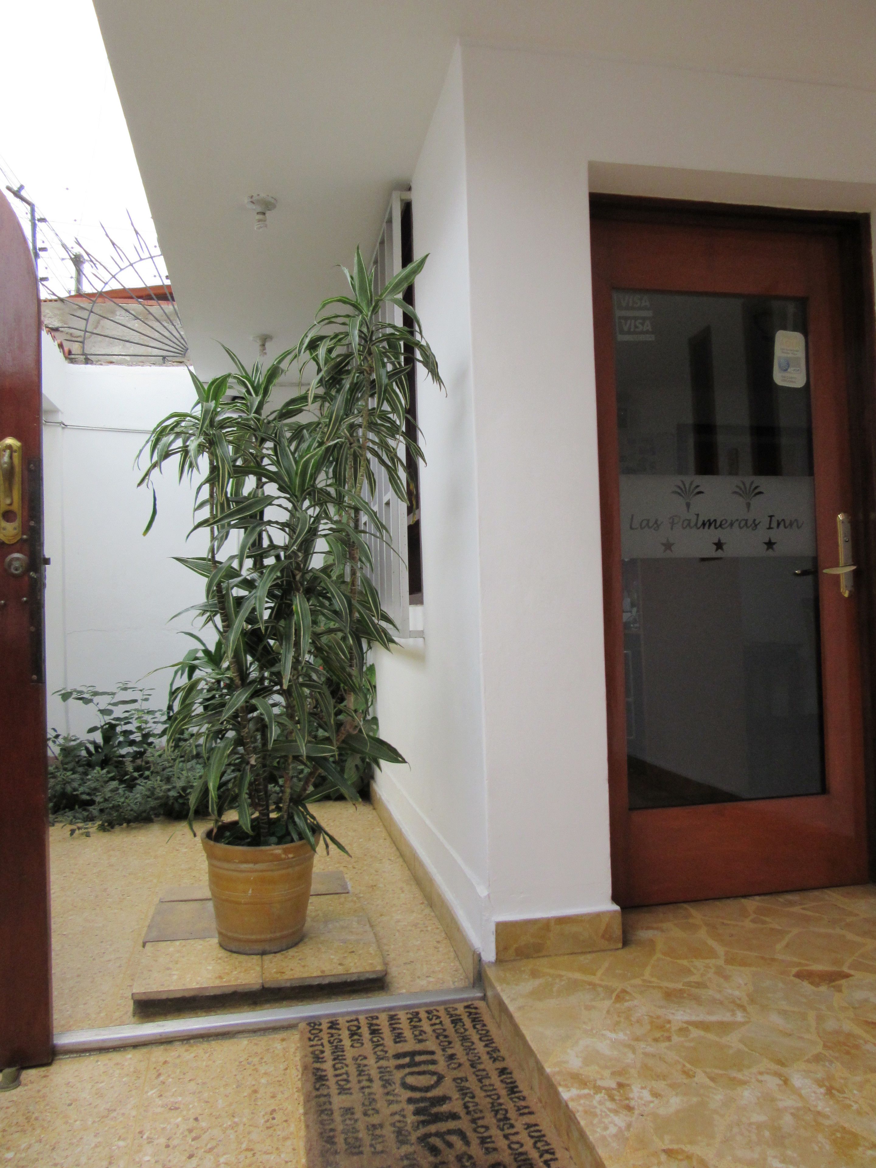 Una planta en maceta frente a una puerta con un letrero que dice 'Las Palmeras Inn'.