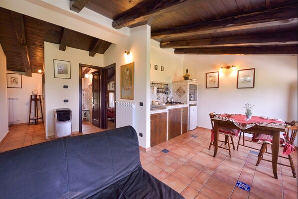 Flat-screen TV, fireplace