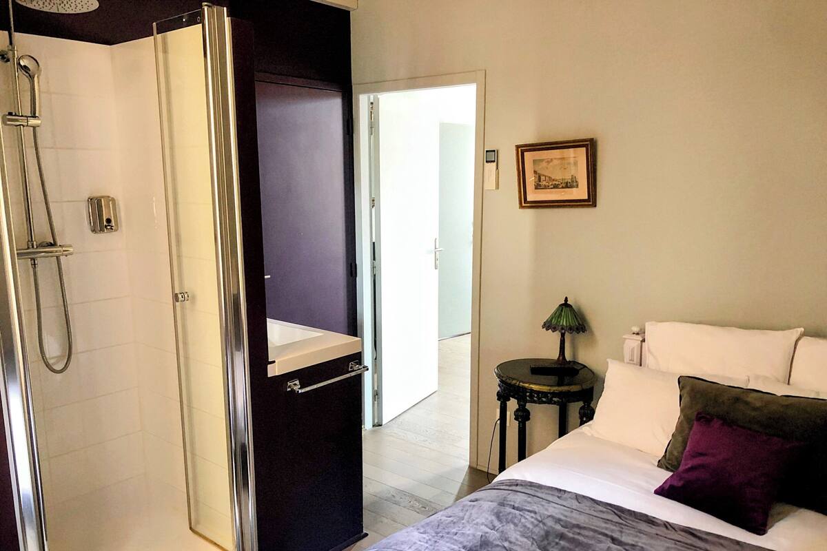 Une chambre d’hôtel avec une douche, un lit recouvert d’une couverture grise, une table de chevet avec une lampe et un tableau encadré au mur.
