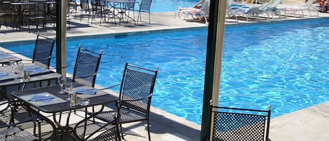 Seasonal outdoor pool, pool umbrellas, pool loungers