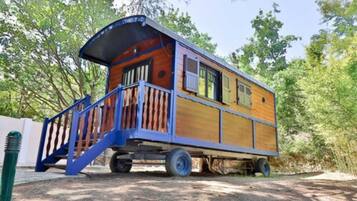 Cozy cabin with a unique design, featuring a set of stairs and a door, situated in a natural outdoor setting.