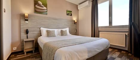 Desk, blackout curtains, soundproofing, iron/ironing board