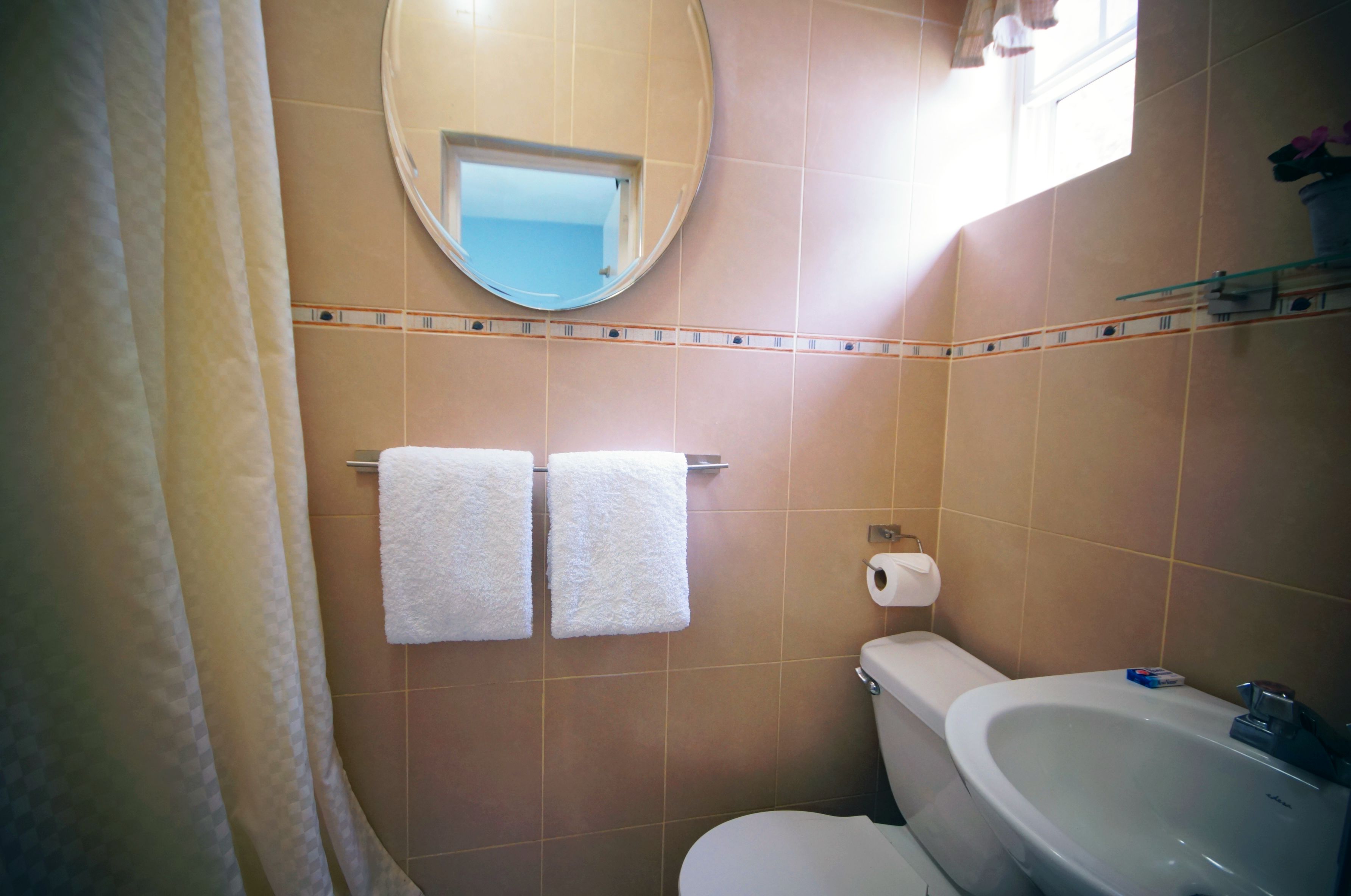 Un baño con dos toallas blancas colgadas en un perchero, un inodoro, un lavamanos y un espejo en la pared.