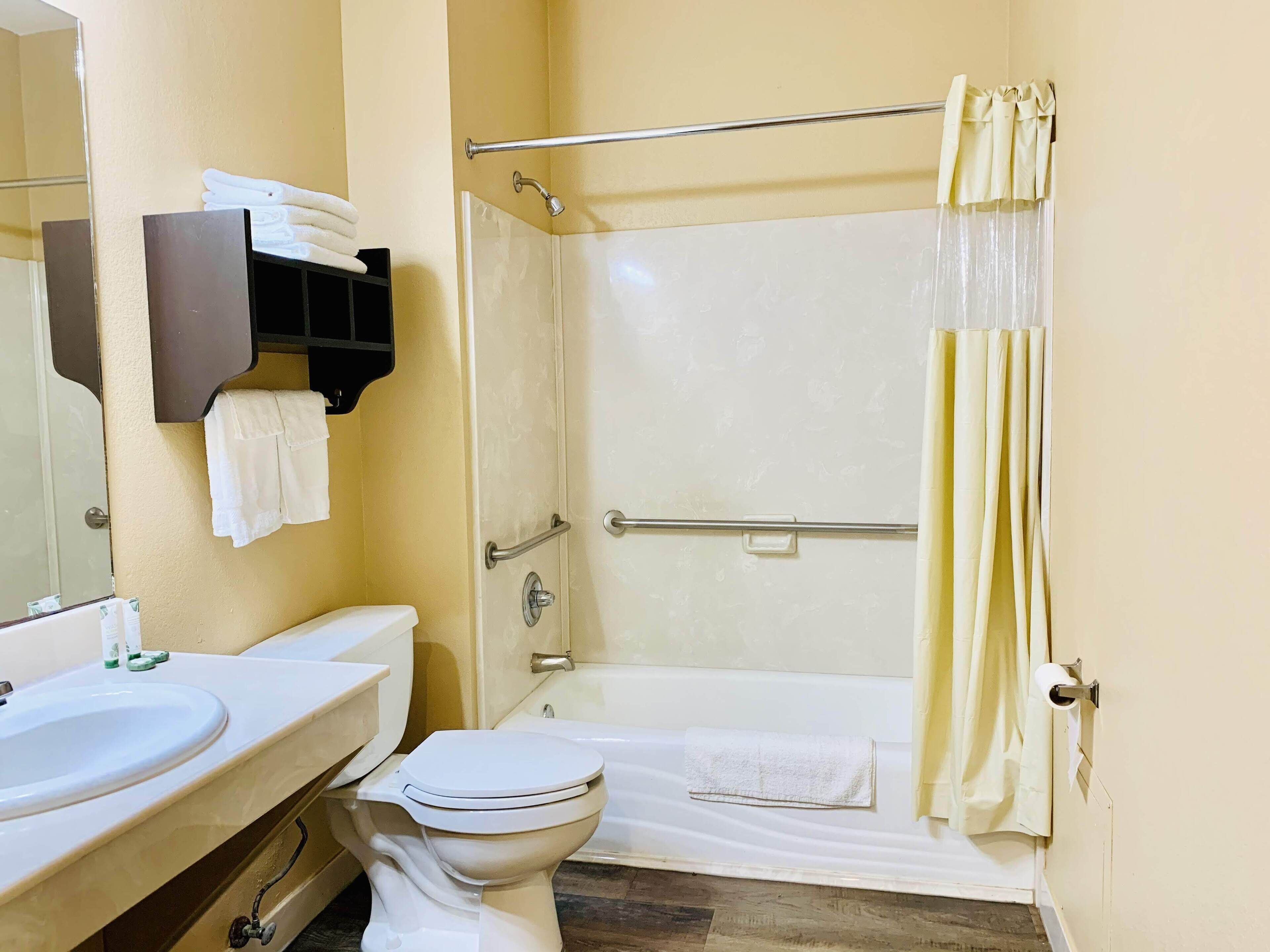 A bathroom with a toilet, sink, and shower area.