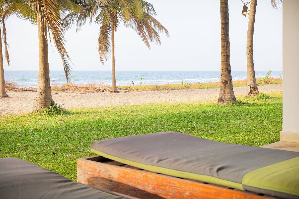 Vista de una playa con palmeras, arena y una zona de césped con una cama.