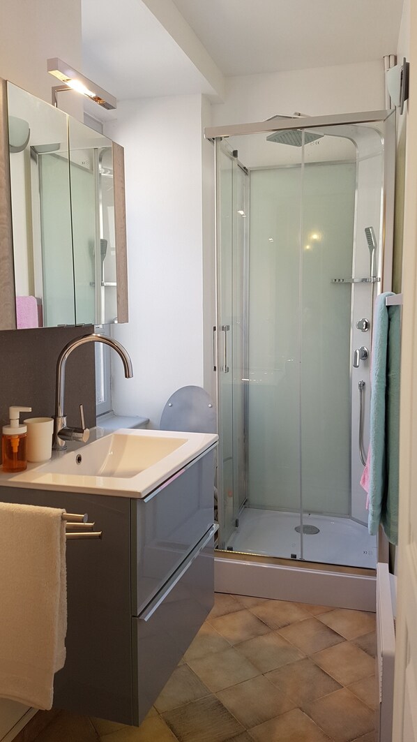 Un baño moderno con cabina de ducha acristalada, un lavabo con grifo y un espejo encima.